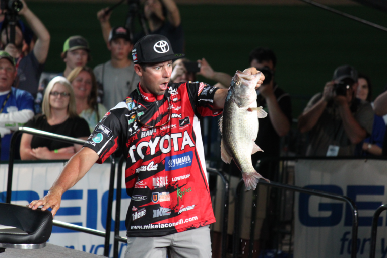 Mike Iaconelli displaying a largemouth bass