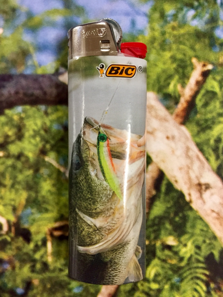 BIC lighter decorated with largemouth bass artwork from the Bass Fishing Facts archive