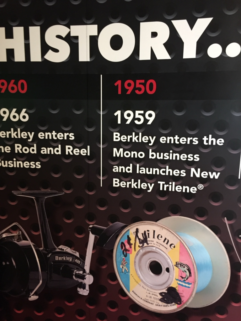Historical fishing exhibit noting Berkley entering the monofilament line business and launching Trilene in 1959