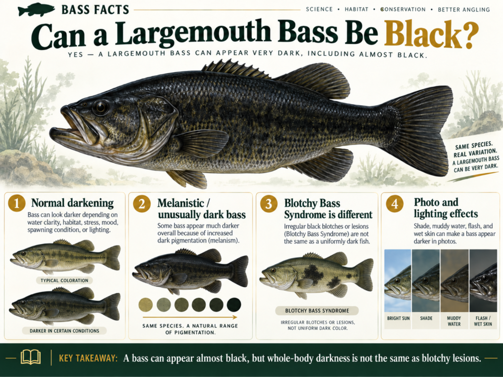 Bass Facts infographic explaining very dark largemouth bass, normal darkening, blotchy bass syndrome, and lighting effects