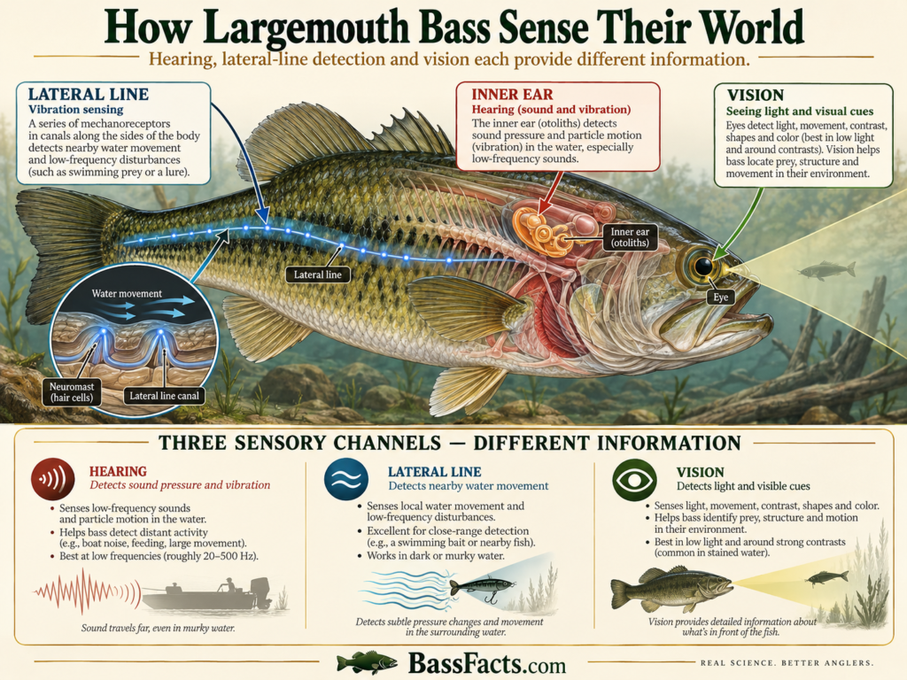 Infographic showing how largemouth bass use hearing, the lateral line and vision to sense their environment