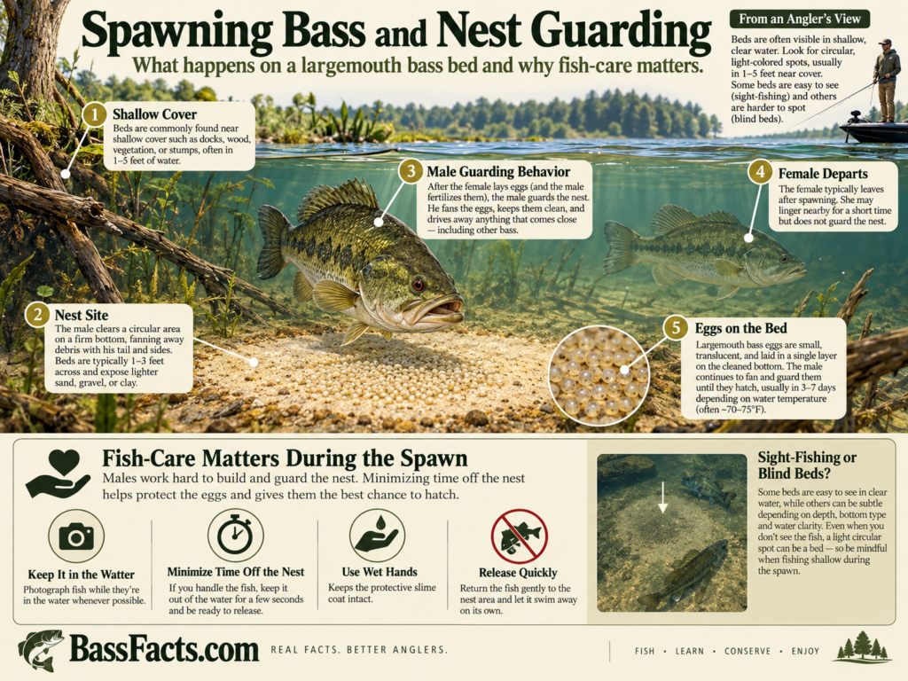 Infographic showing a male largemouth bass guarding a spawning bed, eggs on the nest and fish-care considerations