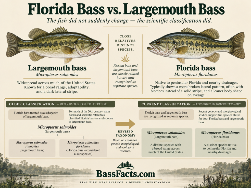 Infographic comparing older and current scientific classification of Florida bass and largemouth bass