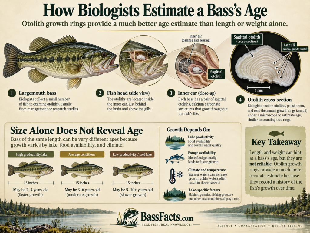 Infographic showing how biologists estimate largemouth bass age using sectioned otolith growth rings