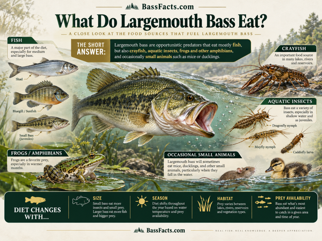Infographic showing the four stages of a largemouth bass prey-capture strike: approach, rapid gape, suction flow and braking