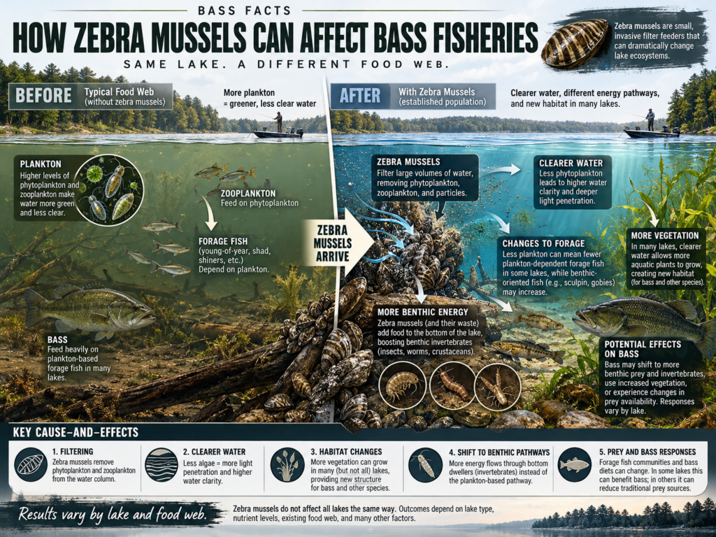 Bass Facts infographic showing how zebra mussels can change lake food webs, water clarity, vegetation, forage fish and bass habitat