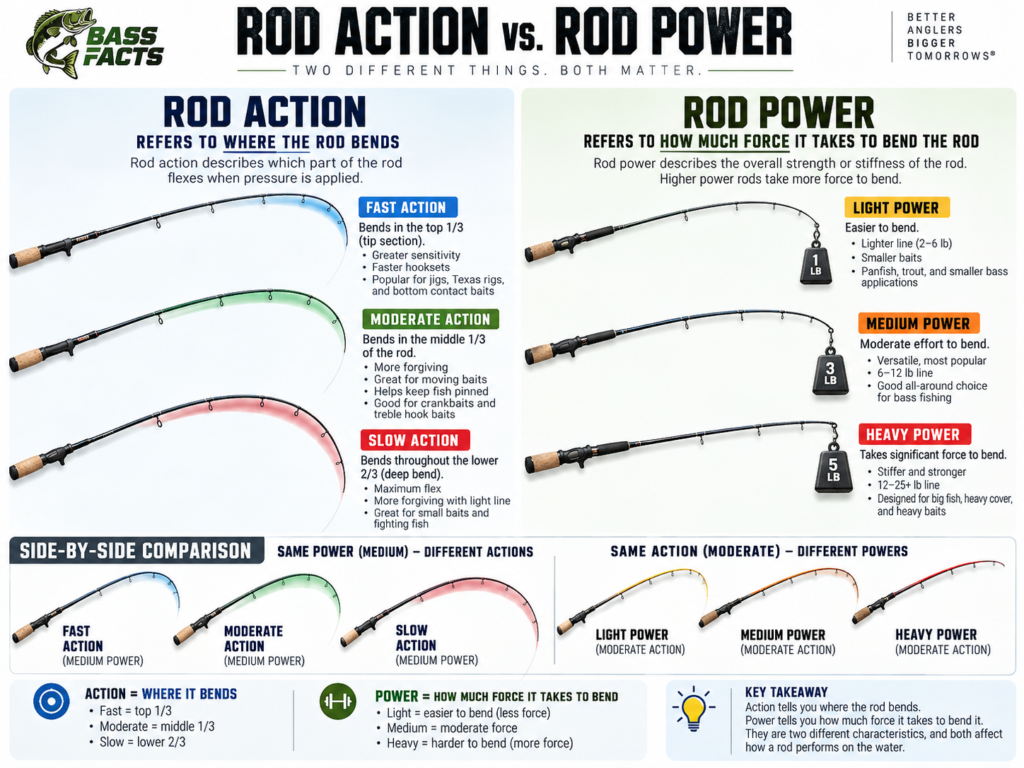 Bass Facts infographic comparing fishing rod action and rod power, including where rods bend and how much force is required