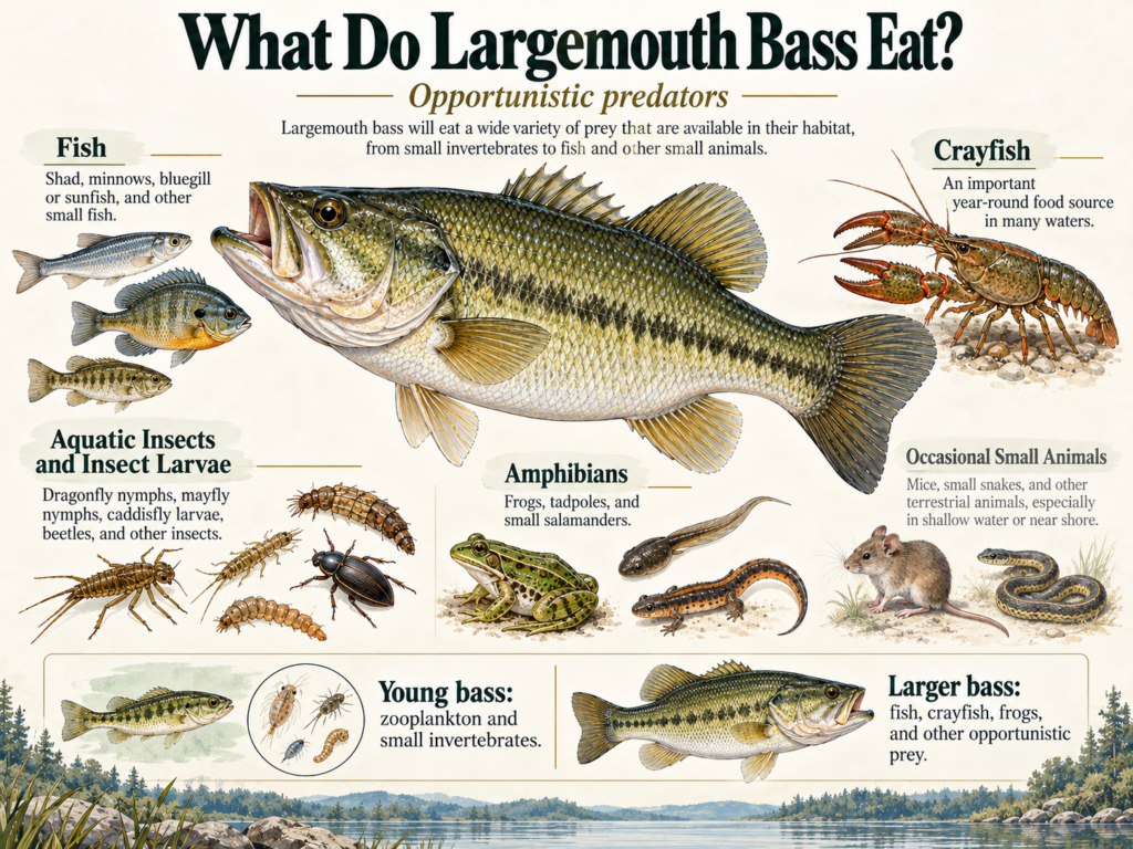 Illustration showing a largemouth bass and common prey including fish, crayfish, aquatic insects, amphibians, and occasional small animals