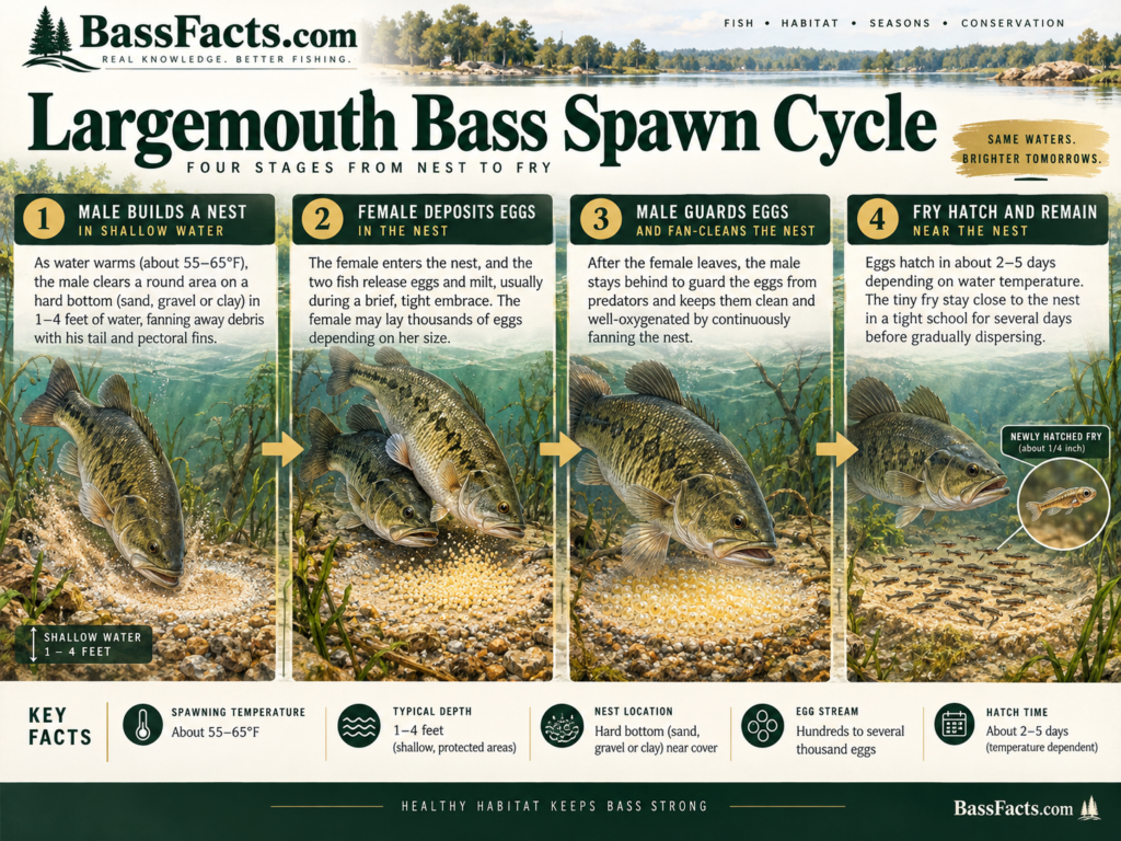 Infographic explaining barotrauma in largemouth bass, including swim bladder expansion during rapid ascent from deep water
